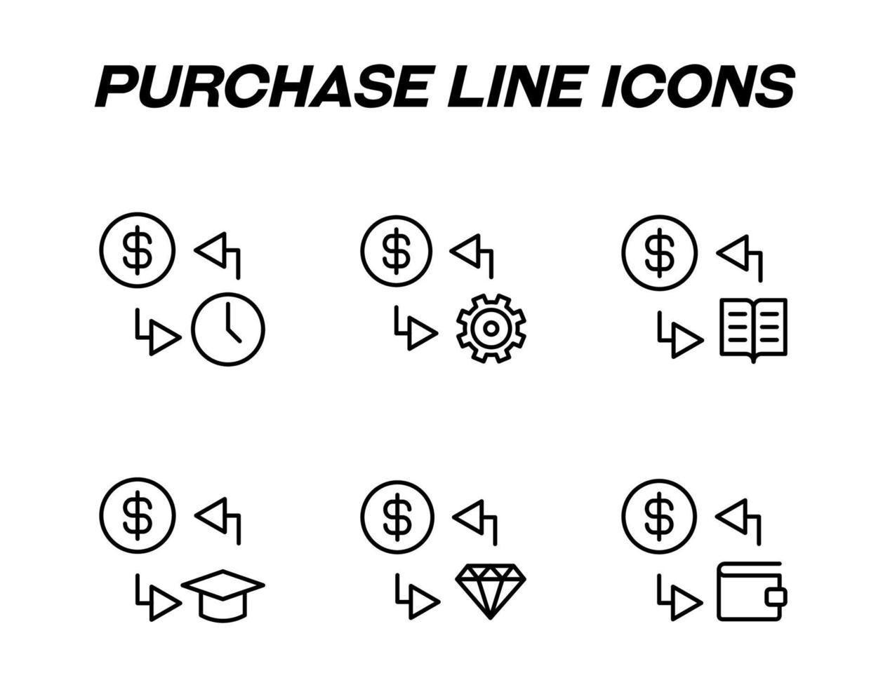 Monochrome signs in flat style for stores, shops, web sites. Editable stroke. Vector line icon set with symbols of money, education, technology and diamond exchange