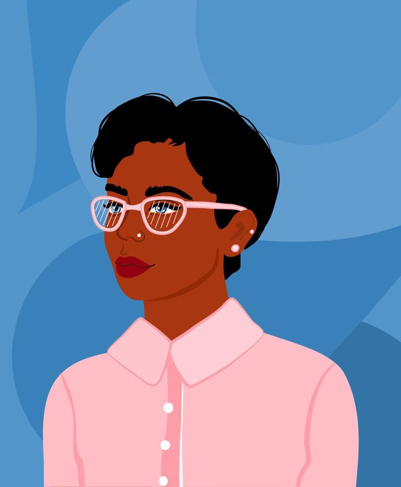 Young African woman portrait with glasses and abstract background. Portrait of smart business lady. Social network avatar. vector