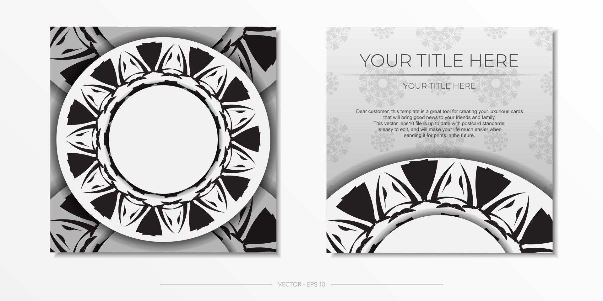 lujosa postal de diseño en color blanco lista para imprimir con adornos negros. plantilla de invitación con espacio para su texto y patrones abstractos. vector