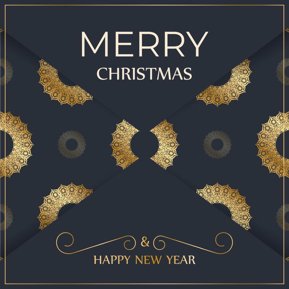 Happy new year flyer template in dark blue color with abstract gold pattern vector