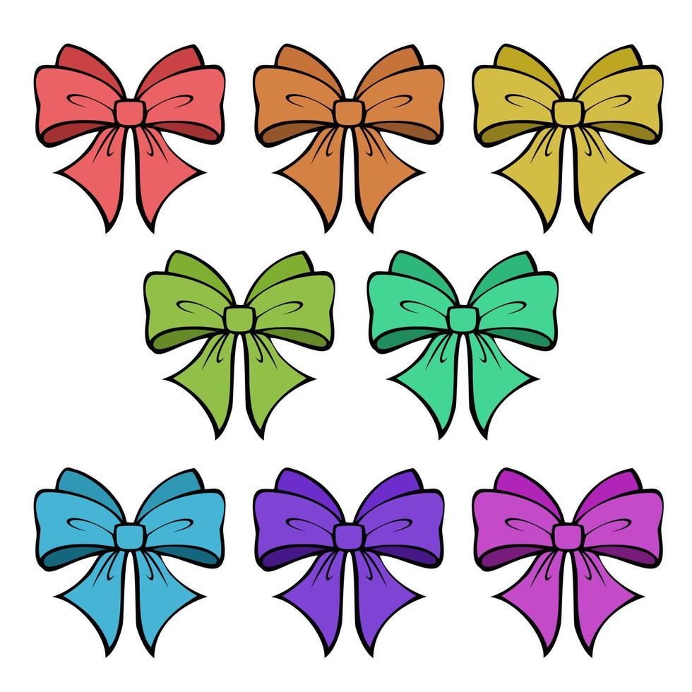 A set of colored icons, a bright big beautiful festive bow for a gift, vector illustration on a white background