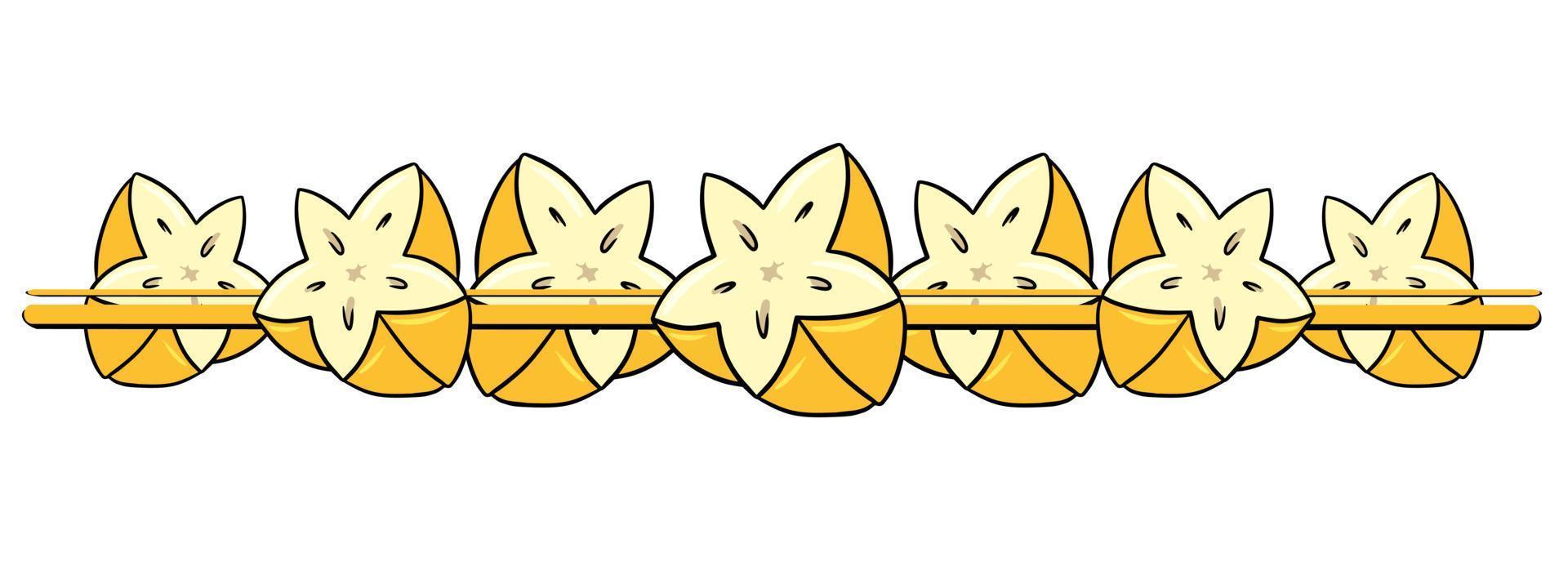 borde horizontal, borde, mitades jugosas de color amarillo brillante de una carambola de frutas tropicales, ilustración vectorial en estilo de dibujos animados sobre un fondo blanco vector