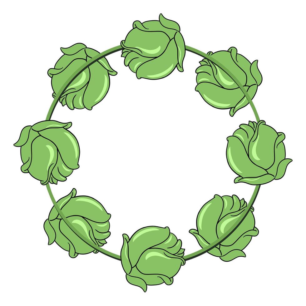 Round frame, ripe vegetables, green cabbage heads, copy space, vector illustration in cartoon style