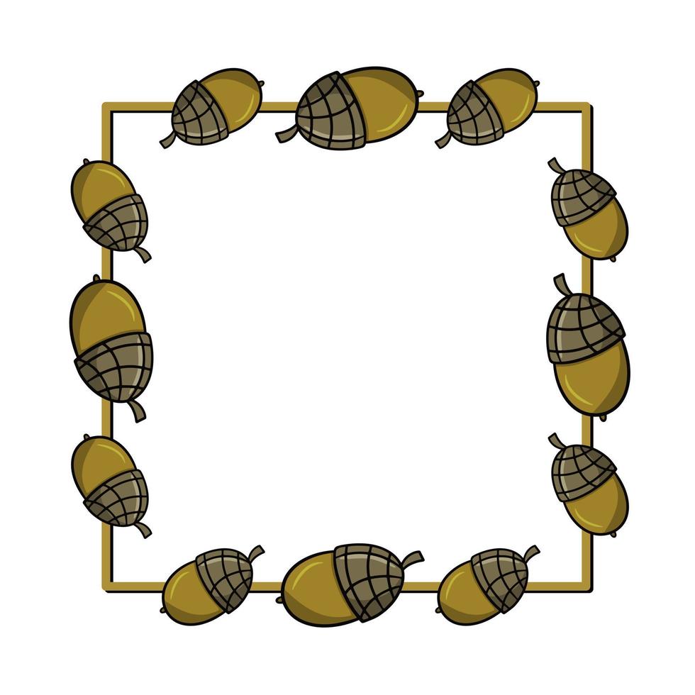 Square autumn frame, ripe acorns from oak tree, copy space, vector illustration in cartoon style on white background