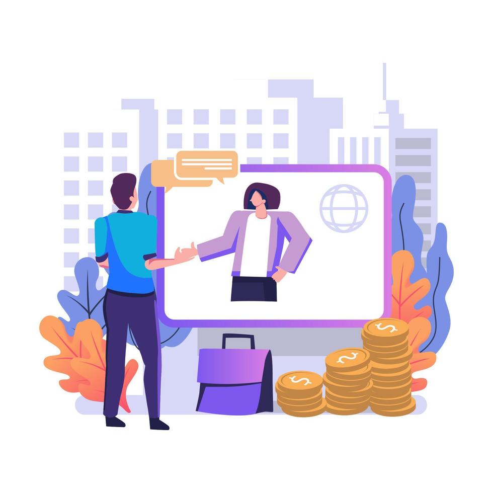 Online conclusion of the transaction business handshake flat style illustration design vector