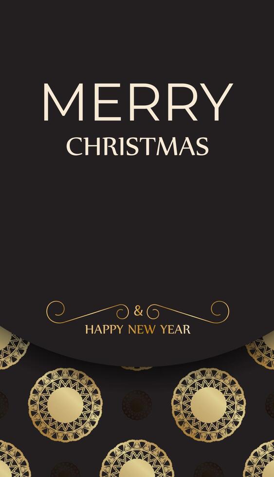 Postcard Happy New Year and Merry Christmas in black with gold pattern. vector