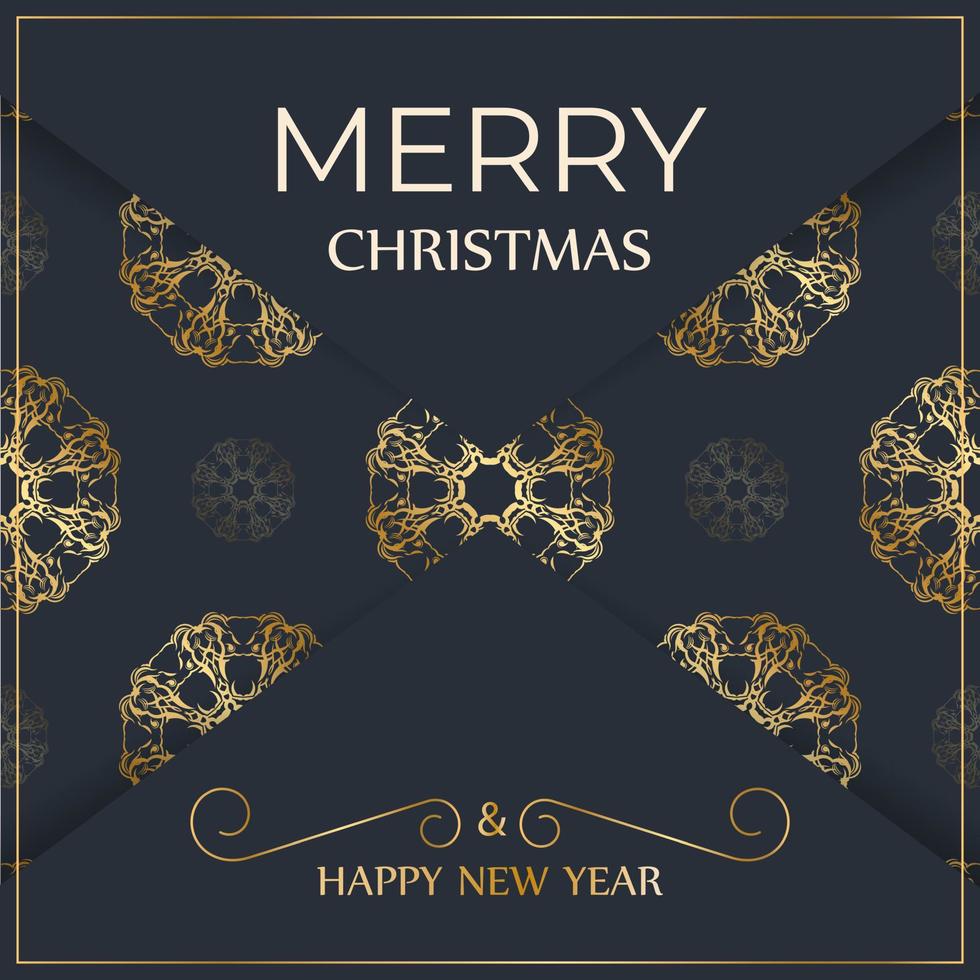 Merry Christmas and Happy New Year flyer template in dark blue color with vintage blue pattern vector