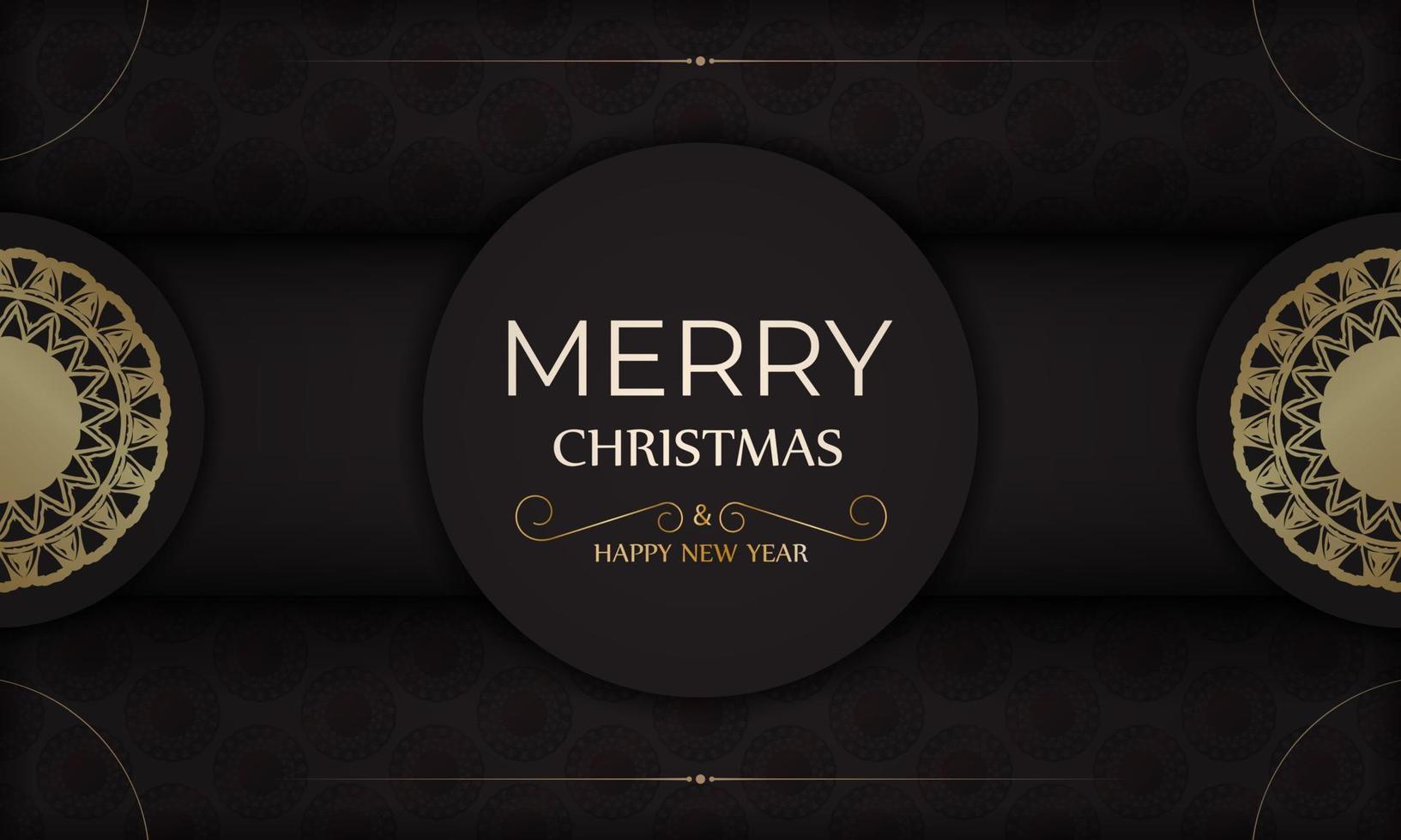 Banner Merry Christmas and Happy New Year in black with gold pattern. vector