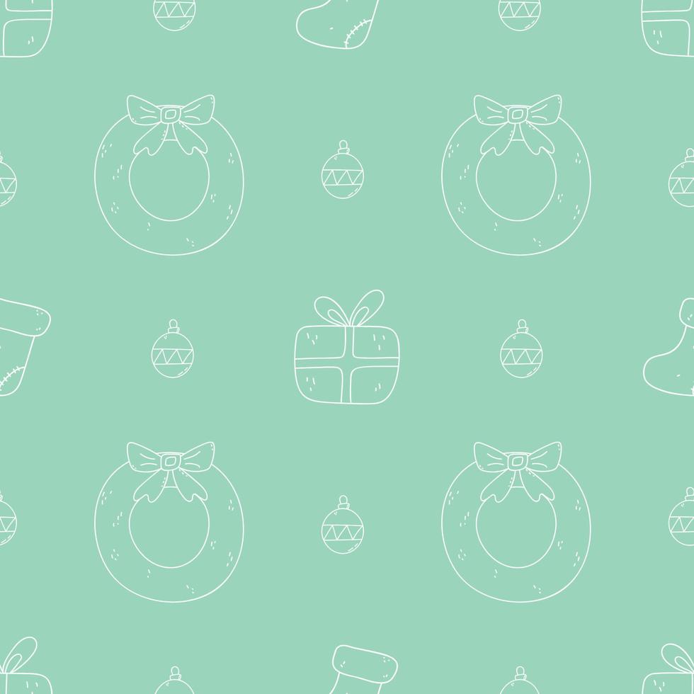 Cute seamless pattern. Doodle wreath, gift boxes, xmas bulb. Childish style. White outline. Christmas hand drawn elements. vector