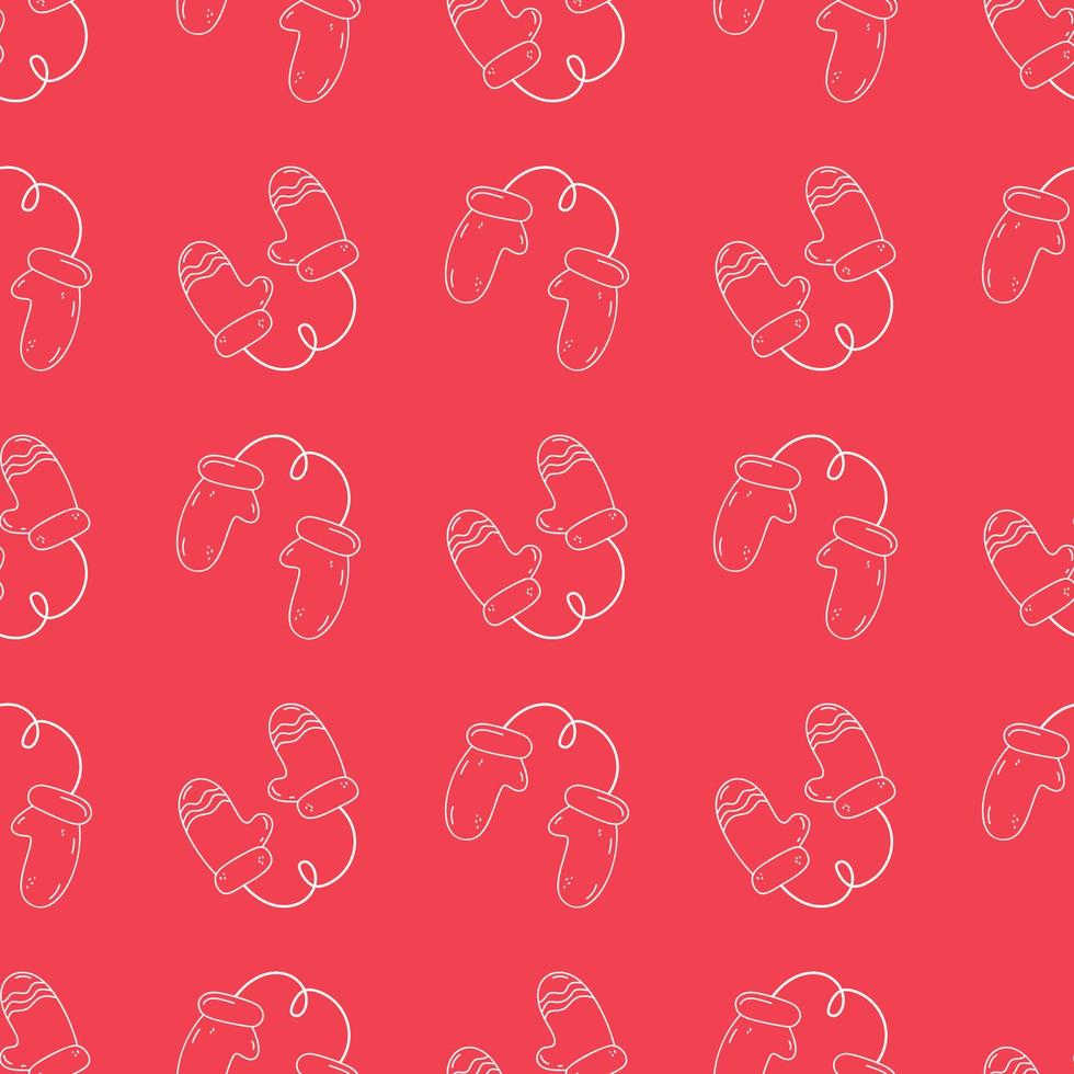 Winter mittens on a rope in the doodle style. Seamless pattern. Xmas holiday. Hand-drawn illustration for the new year, Christmas. Cute warm design.White outline on a red background.Wrapping paper. vector