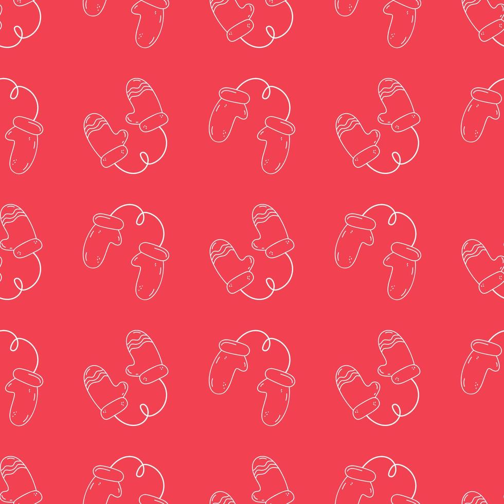 Winter mittens on a rope in the doodle style. Seamless pattern. Xmas holiday. Hand-drawn illustration for the new year, Christmas. Cute warm design.White outline on a red background.Wrapping paper. vector