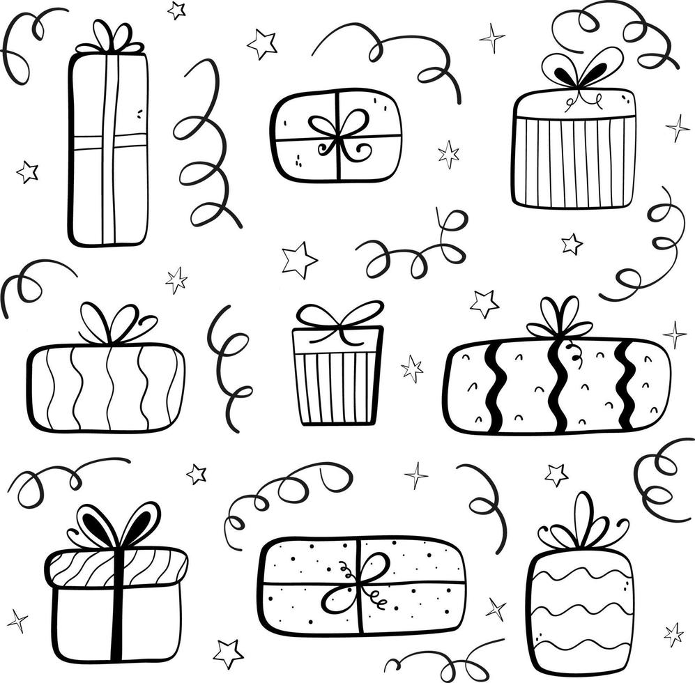 diferentes cajas de regalo con lazo de cinta. conjunto de regalos en línea negra. doodle de vacaciones para cumpleaños, año nuevo, navidad, boda. concepto de celebración en diseño minimalista. lindo dibujado a mano. vector