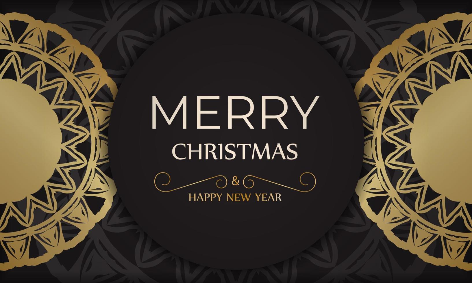 Merry Christmas and Happy New Year poster in black color with gold pattern. vector