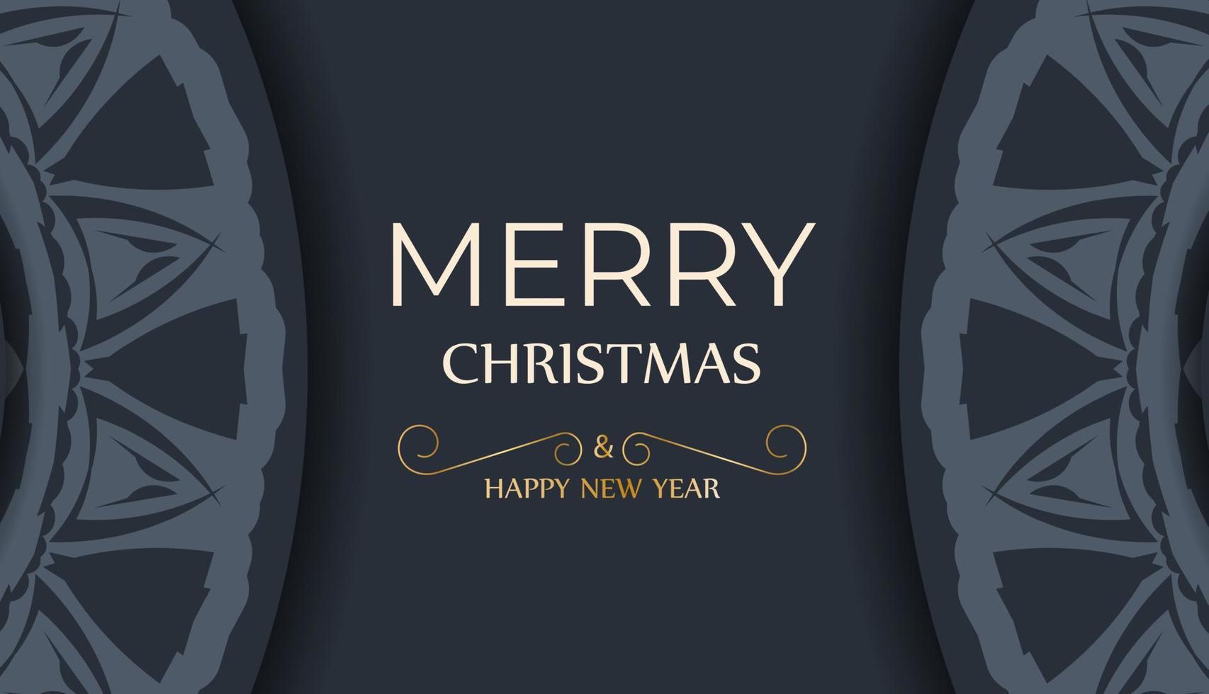 Postcard template Merry Christmas and Happy New Year in dark blue color with winter blue ornament vector