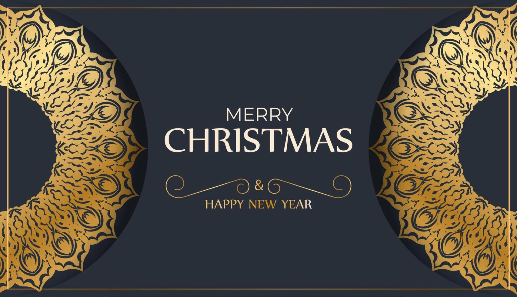 Happy new year flyer template in dark blue color with vintage gold pattern vector