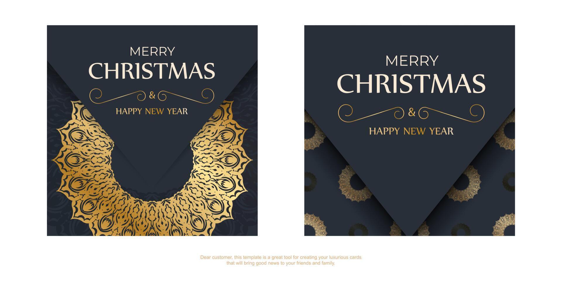 Happy new year flyer template in dark blue color with abstract gold ornament vector