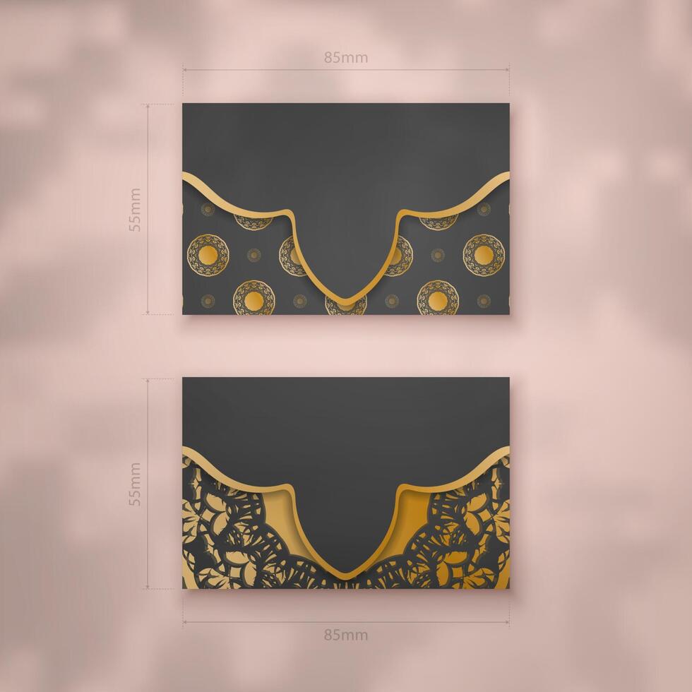Business card template in black color with mandala gold ornament for your contacts. vector