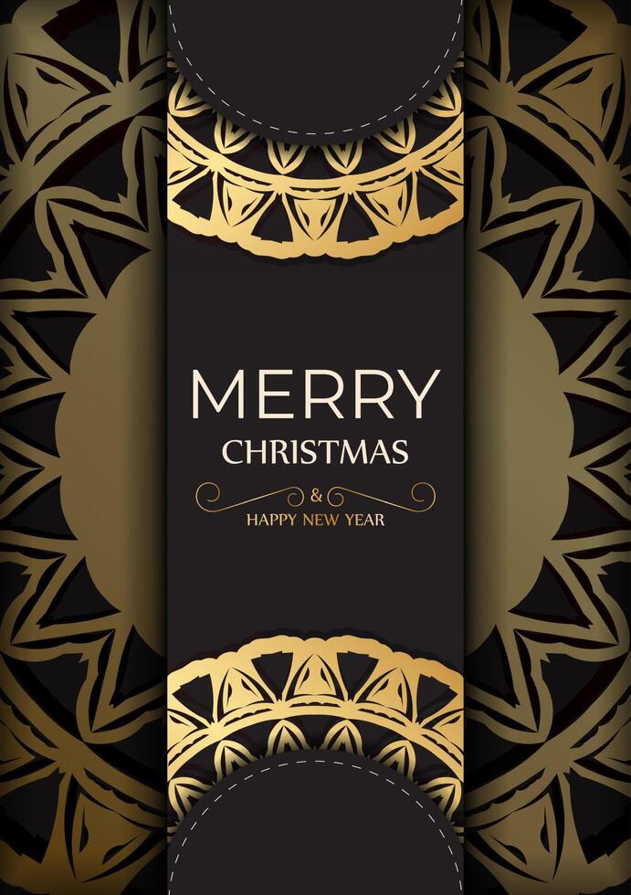 Postcard template Happy New Year and Merry Christmas in black color with gold ornaments. vector