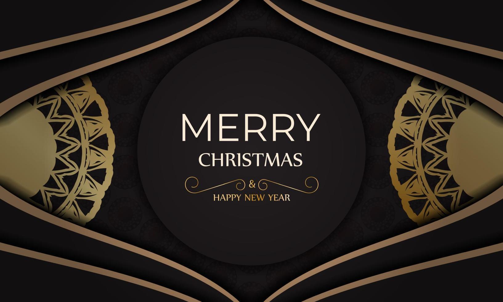 Banner Template Happy New Year and Merry Christmas in black color with gold pattern. vector