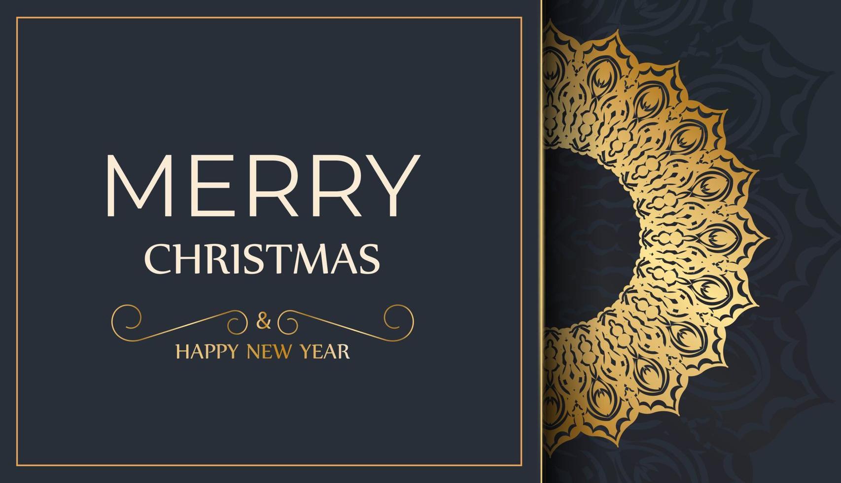 Merry Christmas and Happy New Year greeting card template in dark blue color with winter gold ornament vector