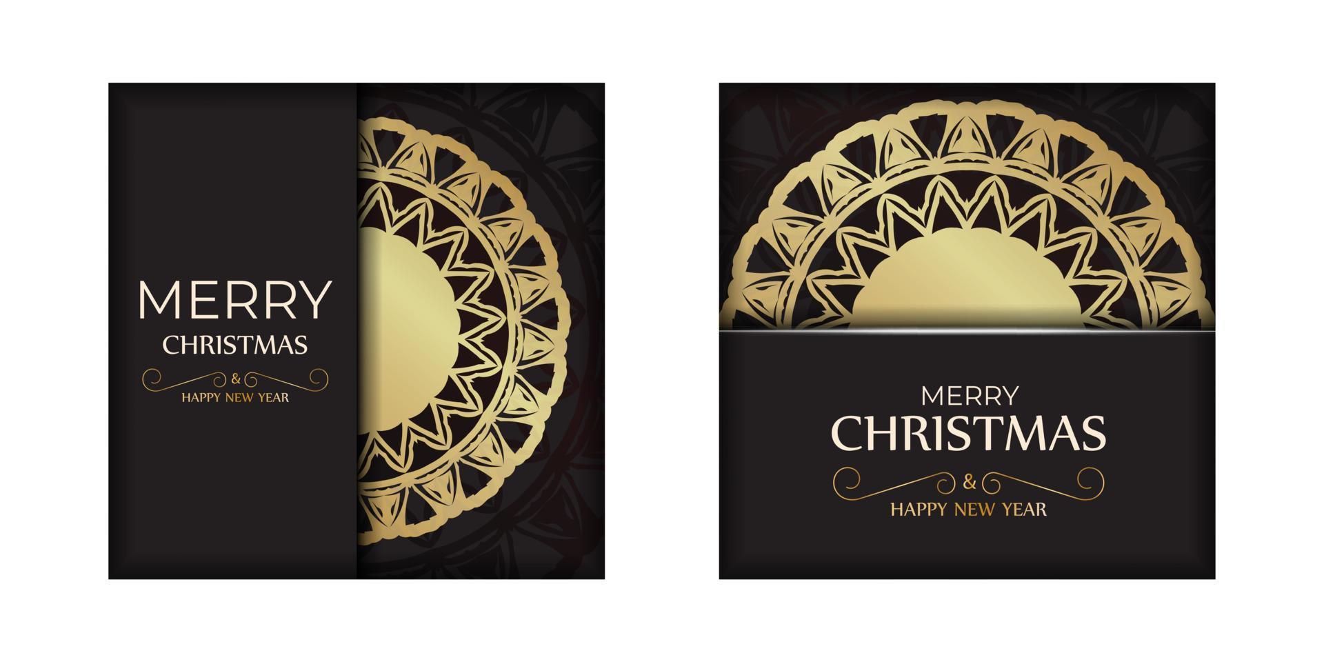 Greeting Card Happy New Year and Merry Christmas in black color with gold ornaments. vector