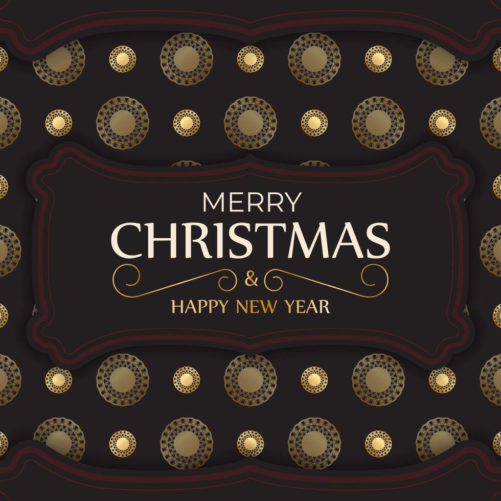 Flyer Merry Christmas and Happy New Year in black with gold pattern. vector