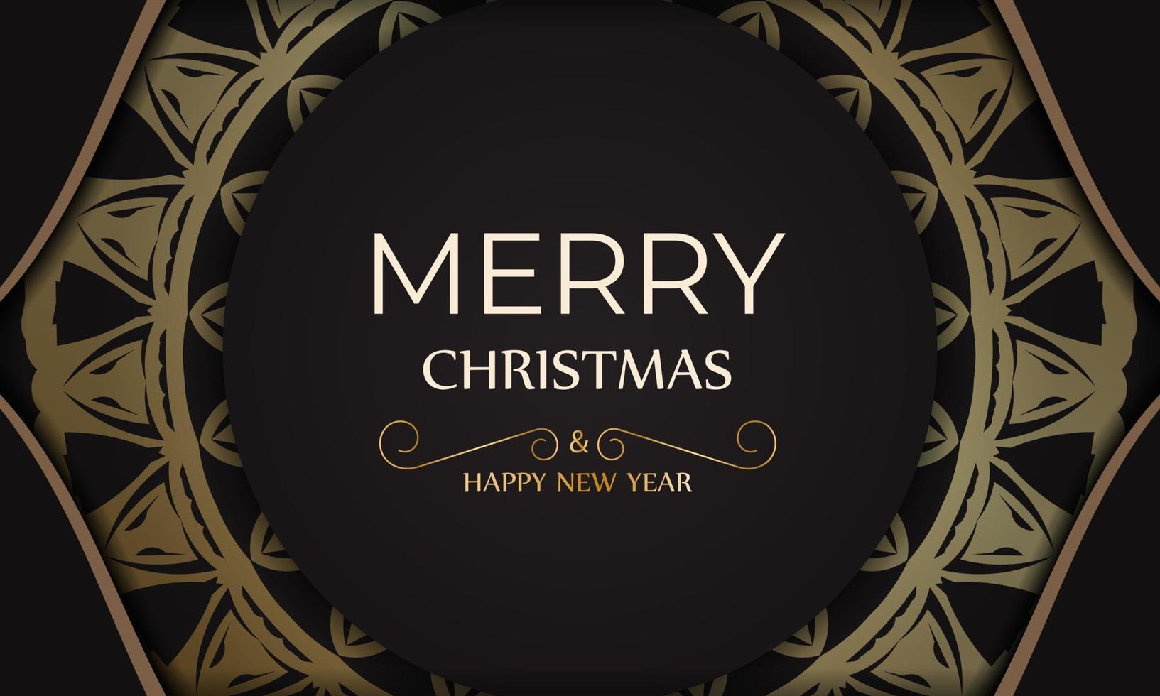 Poster template Happy New Year and Merry Christmas in black color with gold ornaments. vector