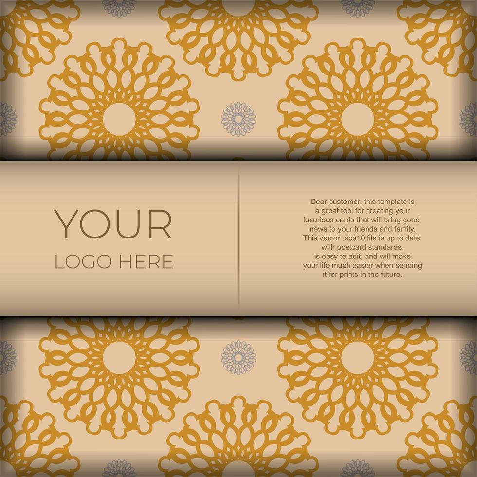 plantilla para postales de diseño de impresión en color beige con patrones de mandala. preparando una invitación con un lugar para tu texto y un adorno abstracto. vector