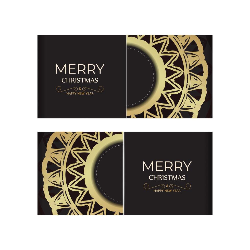 Flyer template Happy New Year and Merry Christmas in black color with gold pattern. vector