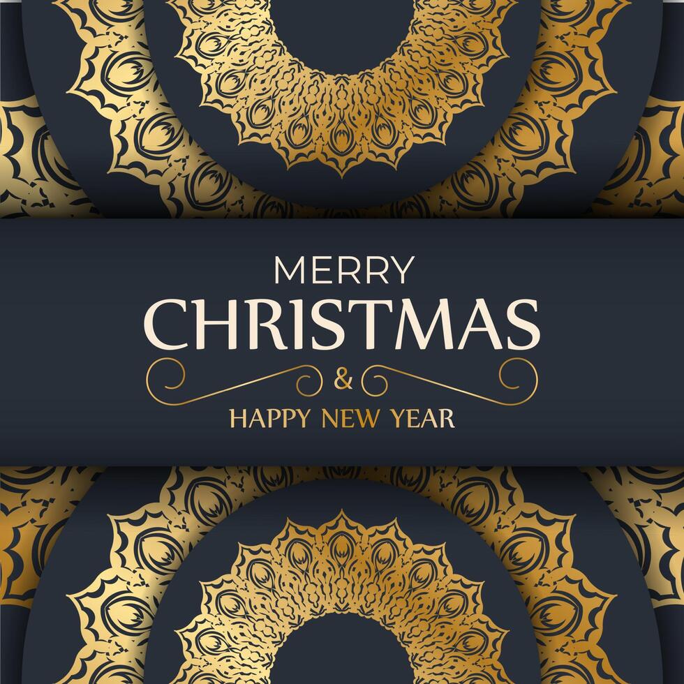 Happy new year flyer template in dark blue color with winter gold ornament vector