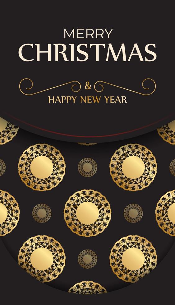 Postcard Merry Christmas and Happy New Year in black color with gold ornaments. vector