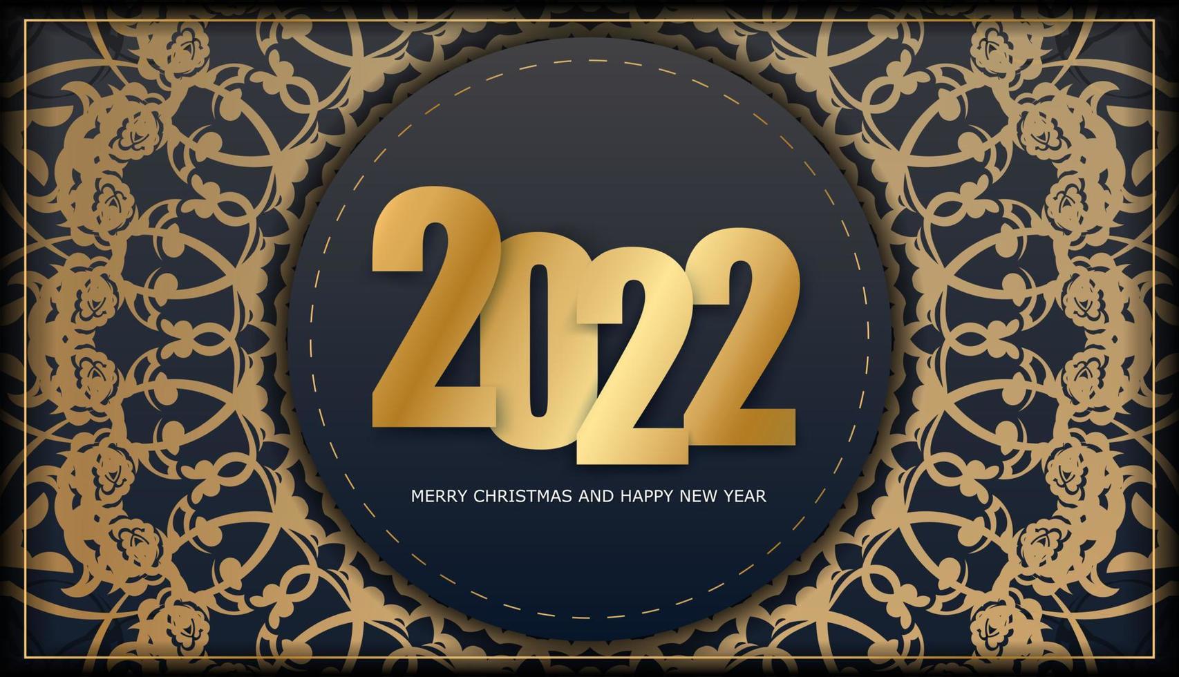 2022 holiday card Merry Christmas and Happy New Year in black with vintage gold ornament vector