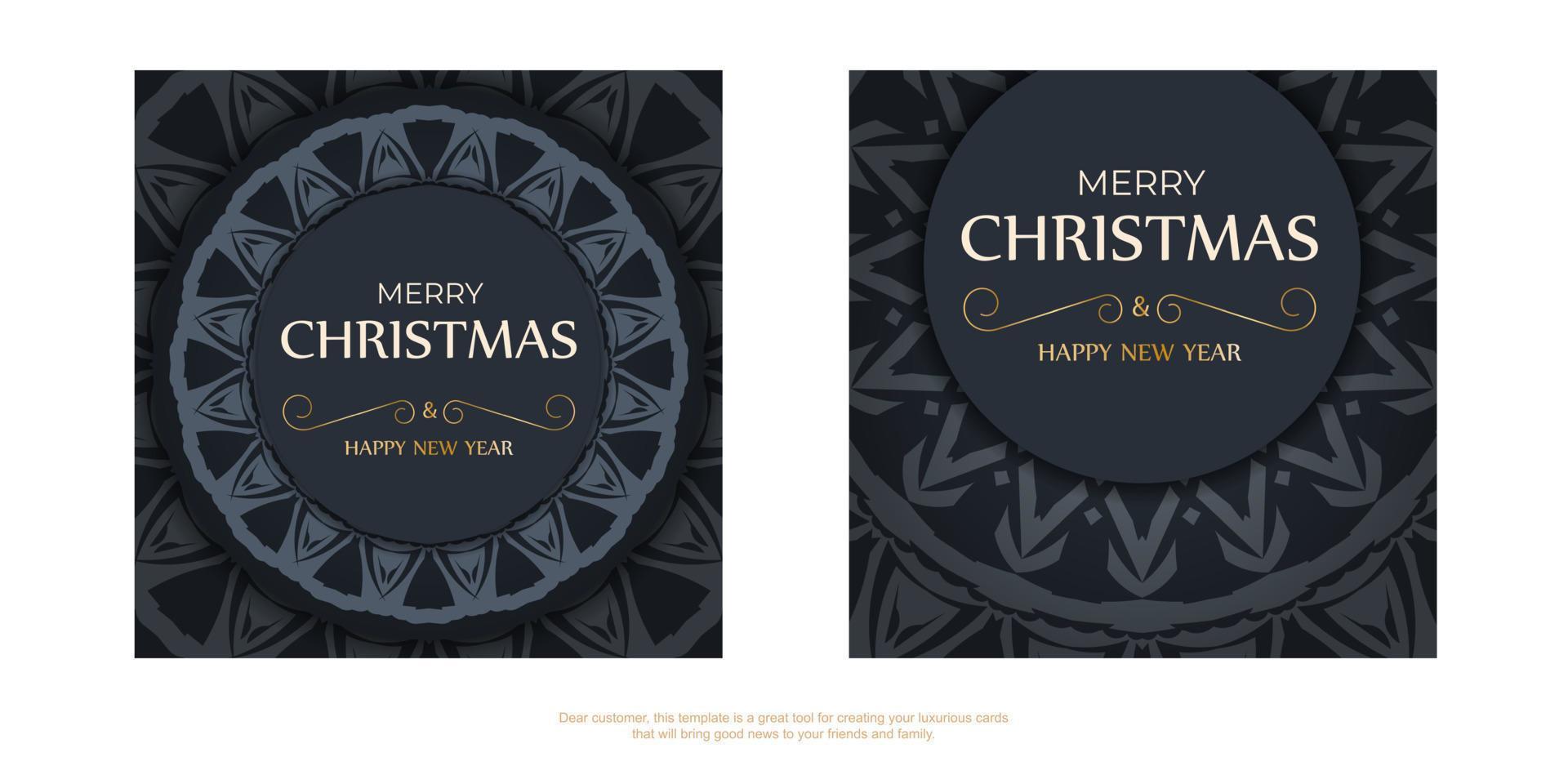 Postcard template Merry Christmas and Happy New Year in dark blue color with luxury blue ornaments vector