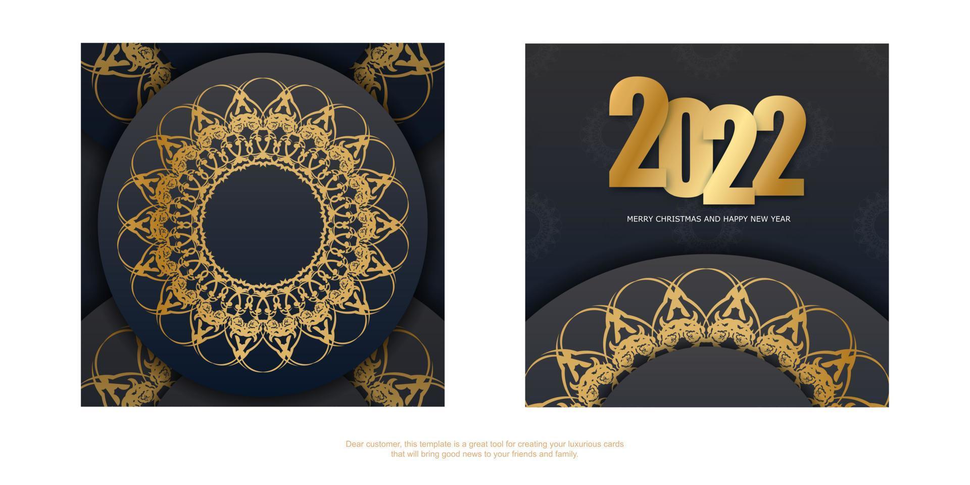Folleto 2022 feliz navidad y feliz año nuevo color negro con patrón dorado vintage vector