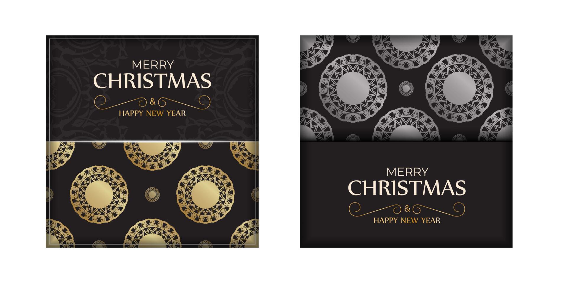 Greeting Card Happy New Year and Merry Christmas in black color with gold pattern. vector