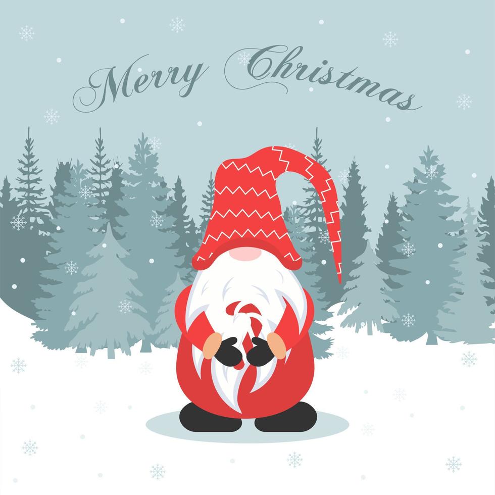 Holiday card gnome with candy. vector illustration.