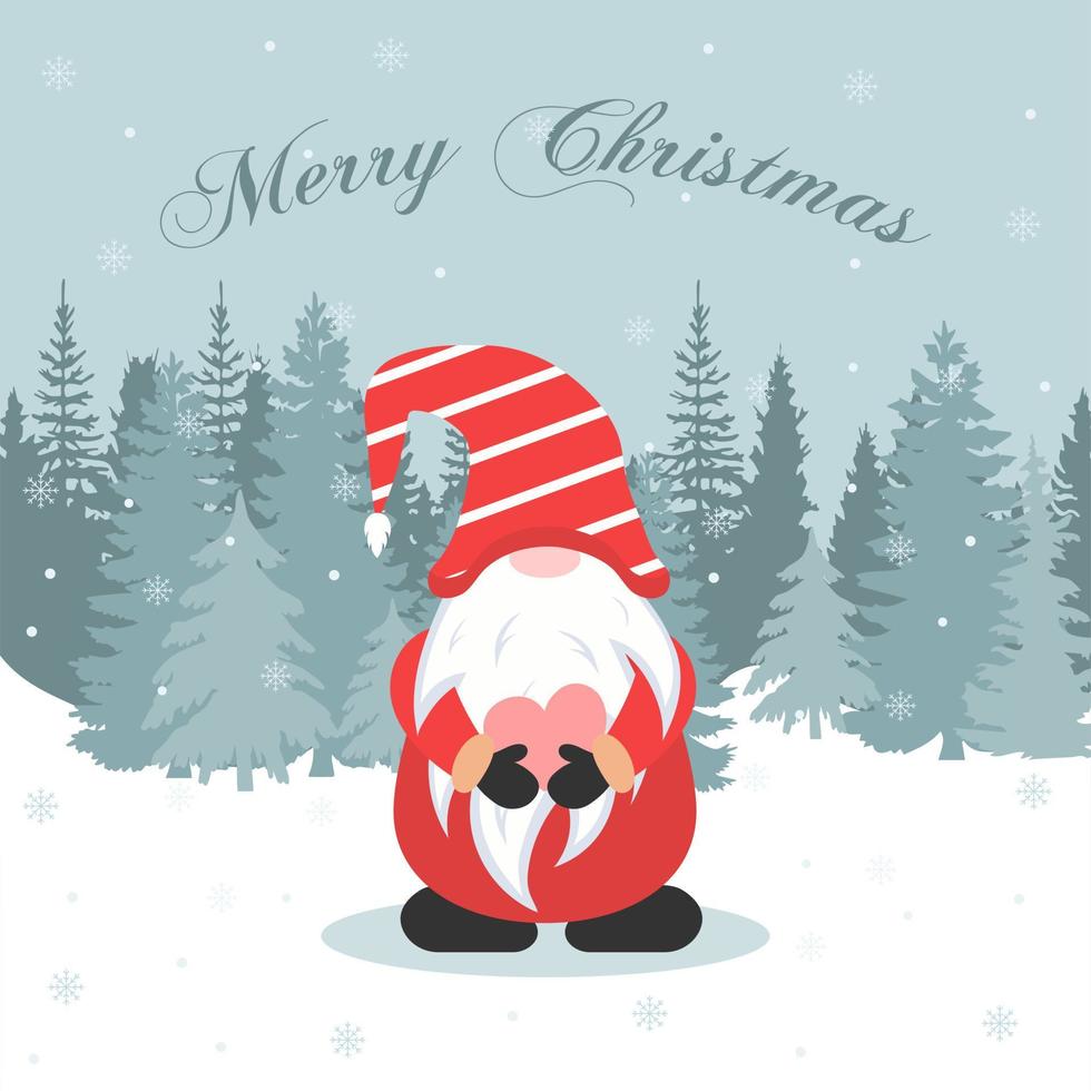 Christmas card gnome with a heart in his hands. Vector illustration.