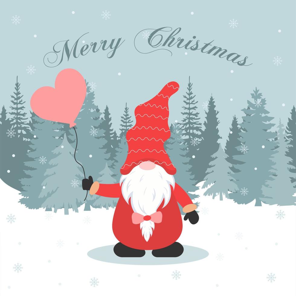 Christmas gnome with a balloon in the shape of a heart. Vector illustration.