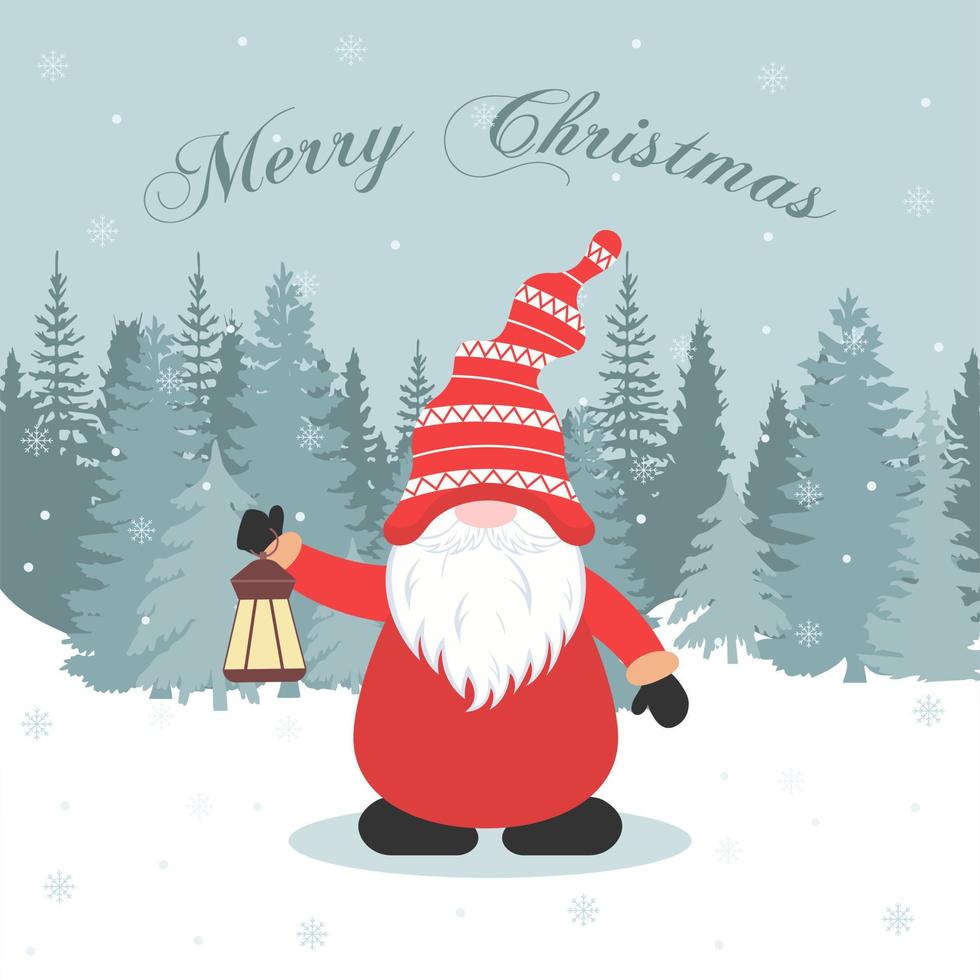 Christmas card gnome with a lantern. Vector illustration.