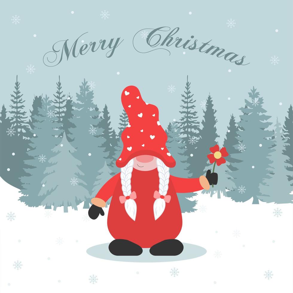 Christmas card gnome with a flower. Vector illustration.