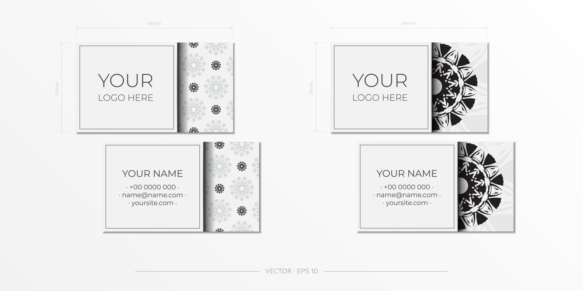 Business card design in white with black ornaments. Vector business cards with place for your text and abstract patterns.