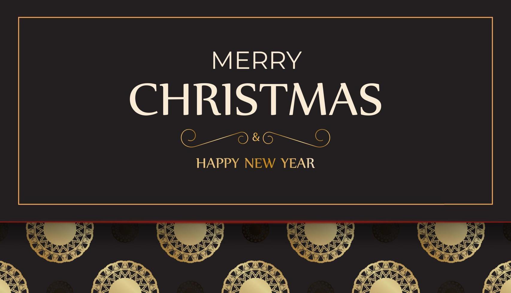 Merry Christmas and Happy New Years greeting flyer in black with gold pattern. vector