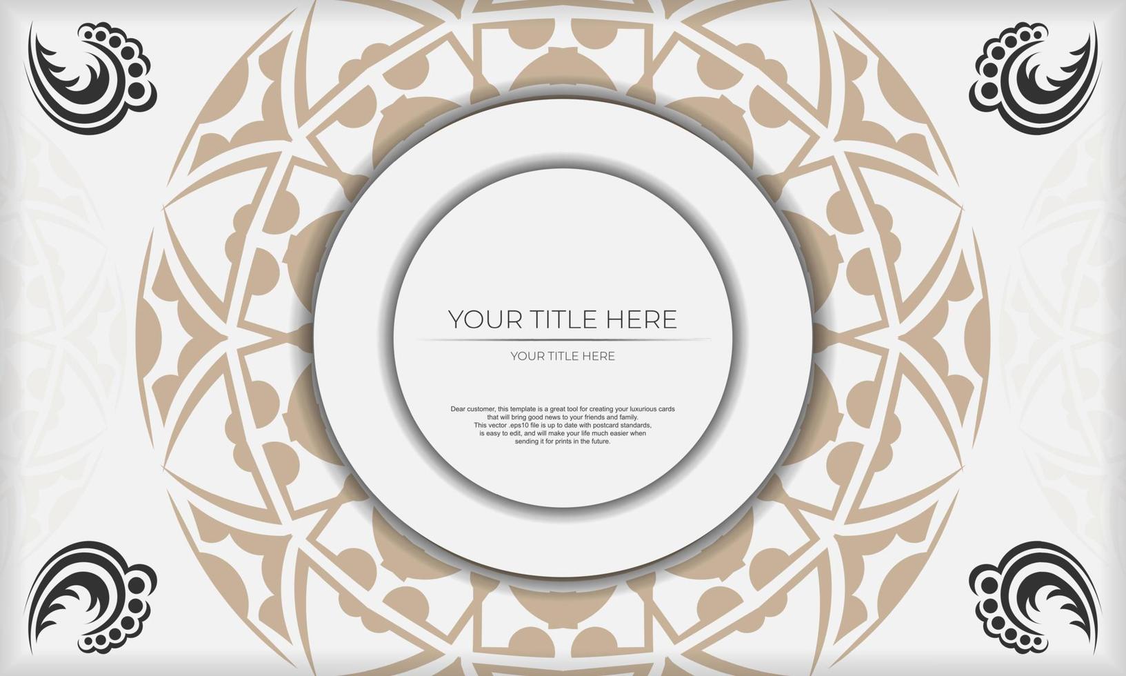 Postcard design with Greek patterns. White template with ornaments and place for your logo. vector
