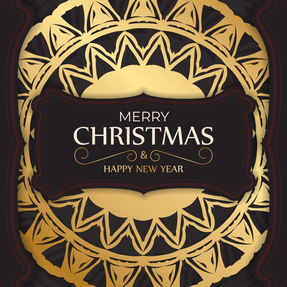 Greeting card Merry Christmas and Happy New Year in black color with gold ornaments. vector