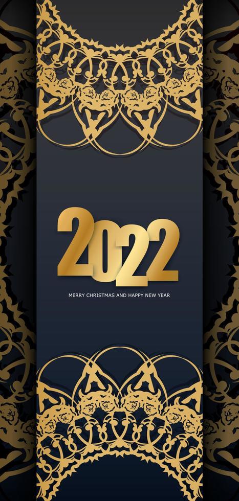 2022 holiday card Merry Christmas and Happy New Year black color with winter gold pattern vector