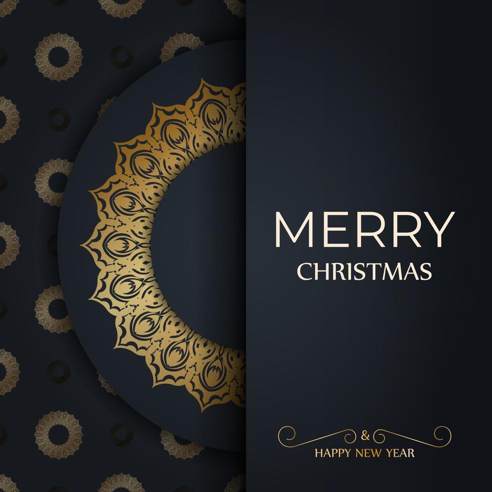 Merry Christmas and Happy New Year greeting card template in dark blue color with vintage gold pattern vector
