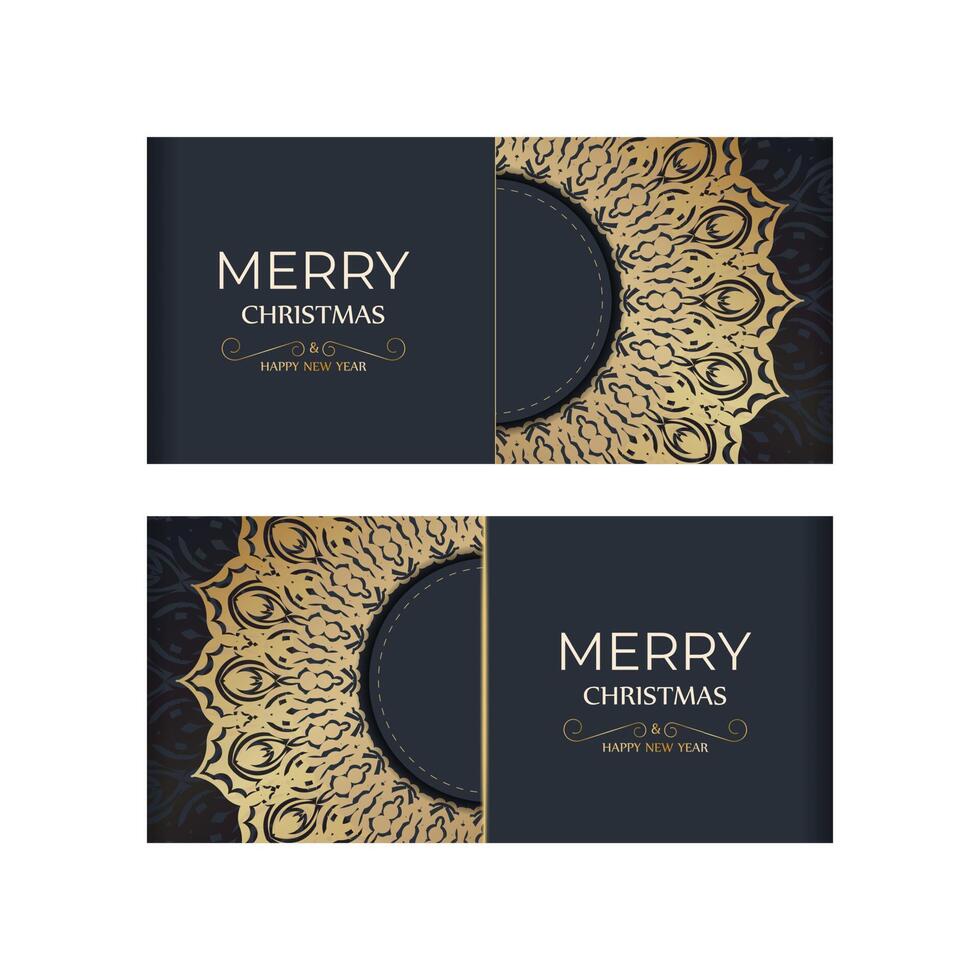 Happy New Year greeting card template in dark blue color with luxury gold pattern vector