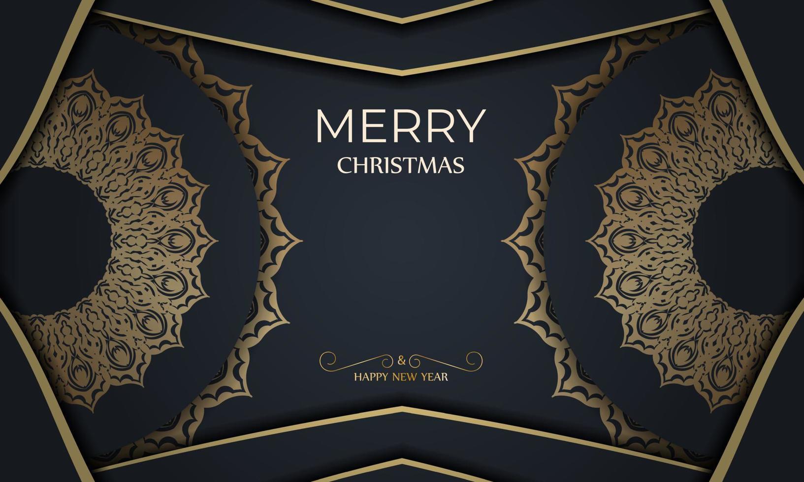 plantilla de folleto de saludo de feliz navidad y feliz año nuevo en color azul oscuro con adorno de oro de invierno vector