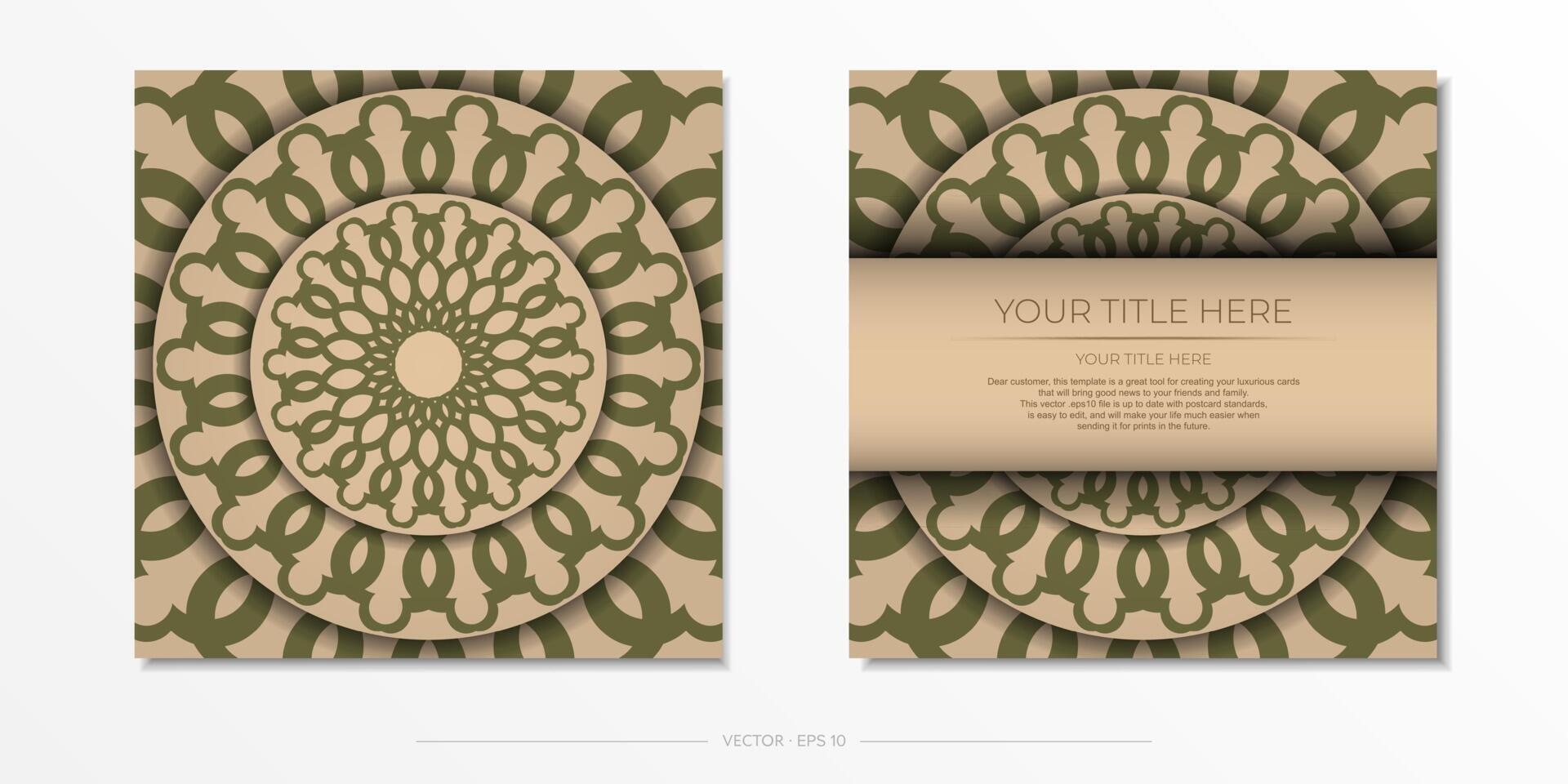 diseño de postal de color beige con adorno de mandala. diseño de tarjetas de invitación con espacio para su texto y patrones abstractos. vector