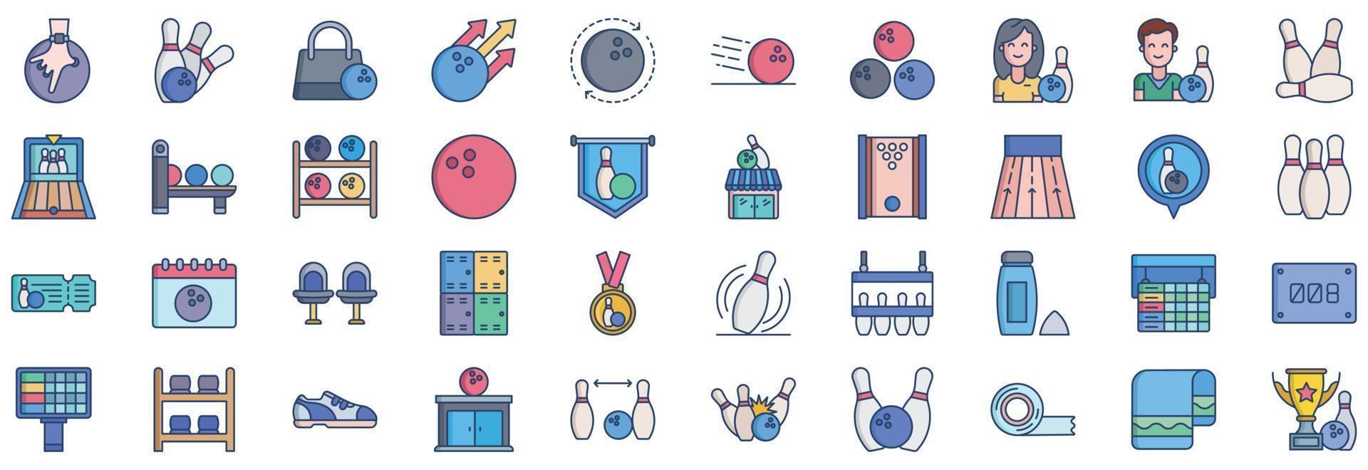 Collection of icons related to Bowling, including icons like Ball, Pin, Medal and more. vector illustrations, Pixel Perfect set
